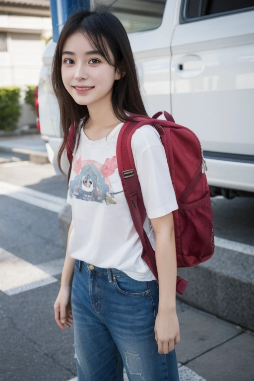 (masterpiece, best quality:1.0), a close up of a girl, with a backpack on a street, wearing travel backpack, with a backpack, portrait of a japanese teen, anime style mixed with fujifilm, young asian girl, backpack, young and cute girl, high quality portrait, satoshi kon artstyle, she is wearing streetwear, smiling, ulzzang, korean girl, japanic style