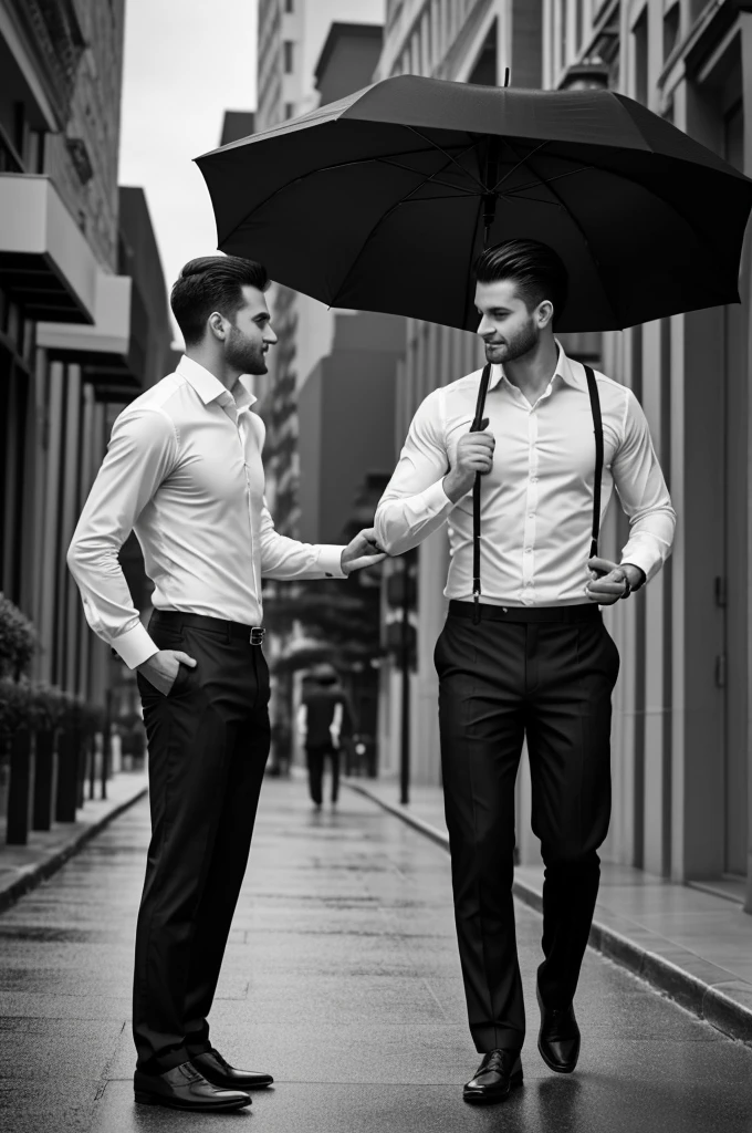 make a not so realistic drawing image in black and white about a man offering his umbrella to another man a little shorter (That both of them are dressed in pants and shirts.)