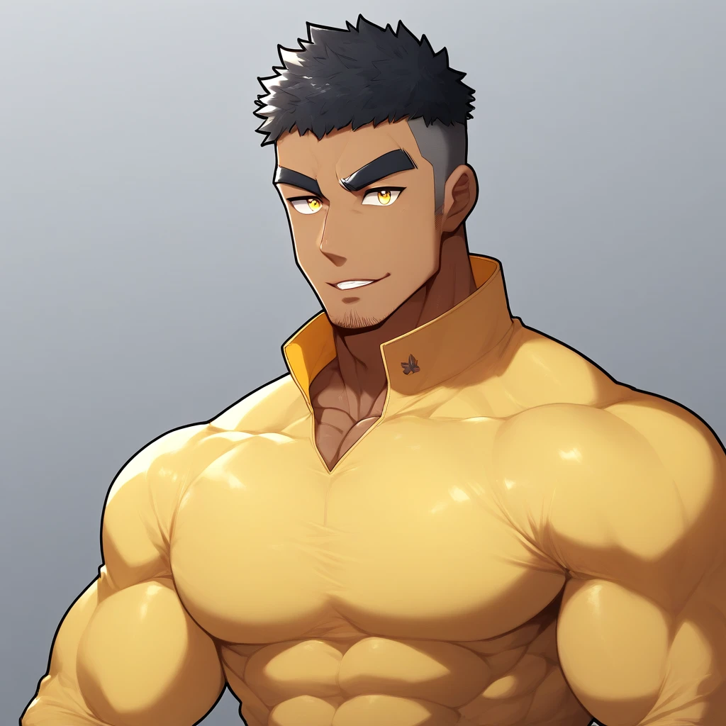 anime characters:Gyee, Muscle Sports Student, negro black skin, 1 dark skin muscular tough guy, Manliness, male focus, Light yellow high collar long sleeve tight T-shirt, Slightly transparent material, Very tight, Round, full and perky chest muscles, Slightly transparent, muscular male, muscular, only, Upper body, alone, Black short hair, Thick eyebrows, stubble, Yellow eyes, Grey background, simple background, amazing quality, best aesthetics, Ridiculous, bright pupils, crew cut, parted lips, seductive smile, torogao, naughty face, drop shadow, best quality