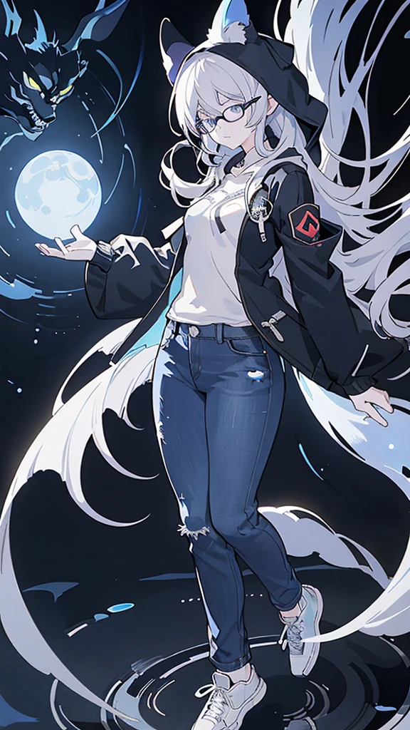 Name: Yumeko Vegas
Element: UMBRANOX
Description: The Enigmatic Guardian, feared protector of the forest's shadows. With telltale marks resembling the Descended Moon on her ebony forearms, she commandedly wields Umbranox darkness to comfort those abandoned in the night.
Prompt: ((((streetwise, mysterious, sleek combo, high_detail, realistic)))), 1girl, leaning, (black, long hair tied in a low chignon), pale skin, ((black framed glasses,Monkazuki moons:1)), ((blue eyes with special Umbranox petrase), ((glowing_crescent moon markings:0.9))), tiny nose, full lips, ((hoodie and jeans with matching Umbranox emblem, detailed sneakers)), (((ultra high resolution, crisp wrap-around jacket closure))), arm shot, evocative, three quarter view, left side, ((hints of smoke, outdoors, forest close up:0.9))