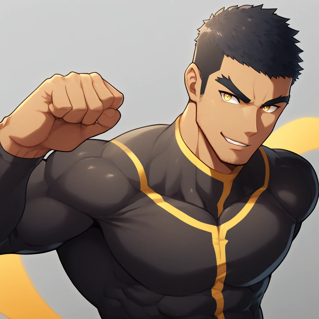 anime characters:Gyee, Muscle Sports Student, negro black skin, 1 dark skin muscular tough guy, Manliness, male focus, Light yellow high collar long sleeve tight T-shirt, Slightly transparent material, Very tight, Round, full and perky chest muscles, Slightly transparent, muscular male, muscular, only, Upper body, alone, Black short hair, Thick eyebrows, stubble, Yellow eyes, Grey background, simple background, amazing quality, best aesthetics, Ridiculous, bright pupils, crew cut, parted lips, seductive smile, torogao, naughty face, drop shadow, best quality