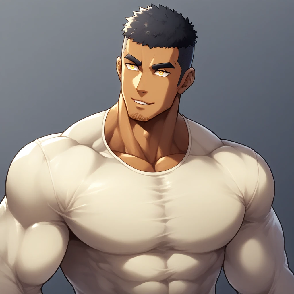 anime characters:Gyee, Muscle Sports Student, ????? black skin, 1 dark skin muscular tough guy, Manliness, male focus, Light yellow high collar long sleeve tight T-shirt, Slightly transparent material, Very tight, Round, full and perky chest muscles, Slightly transparent, muscular male, muscular, only, Upper body, alone, Black short hair, Thick eyebrows, stubble, Yellow eyes, Grey background, simple background, amazing quality, best aesthetics, Ridiculous, bright pupils, crew cut, parted lips, seductive smile, torogao, naughty face, drop shadow, best quality