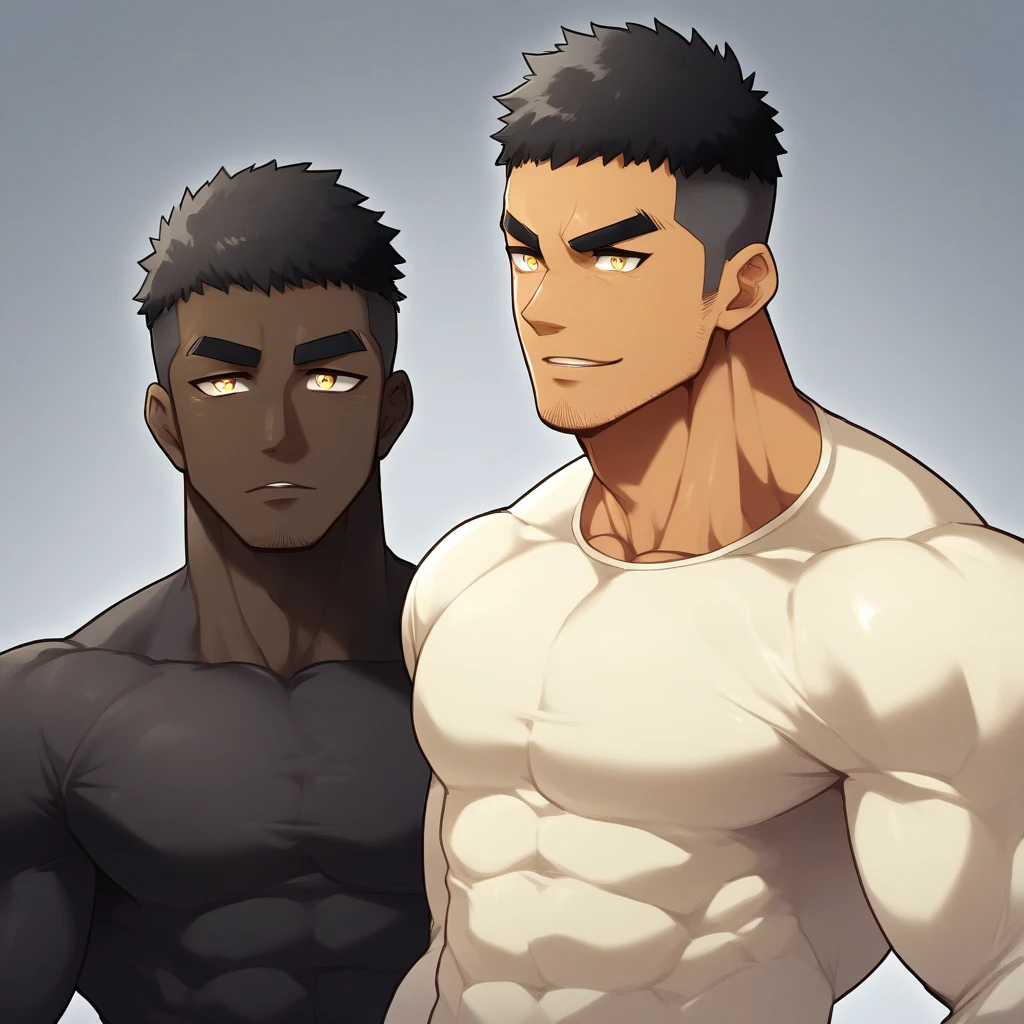 anime characters：Gyee, Muscle Sports Student, negro black skin, 1 dark skin muscular tough guy, Manliness, male focus, Light yellow high collar long sleeve tight T-shirt, Slightly transparent material, Very tight, Round, full and perky chest muscles, Slightly transparent, muscular male, muscular, only, Upper body, alone, Black short hair, Thick eyebrows, stubble, Yellow eyes, Grey background, simple background, amazing quality, best aesthetics, Ridiculous, bright pupils, crew cut, parted lips, seductive smile, torogao, naughty face, drop shadow, best quality