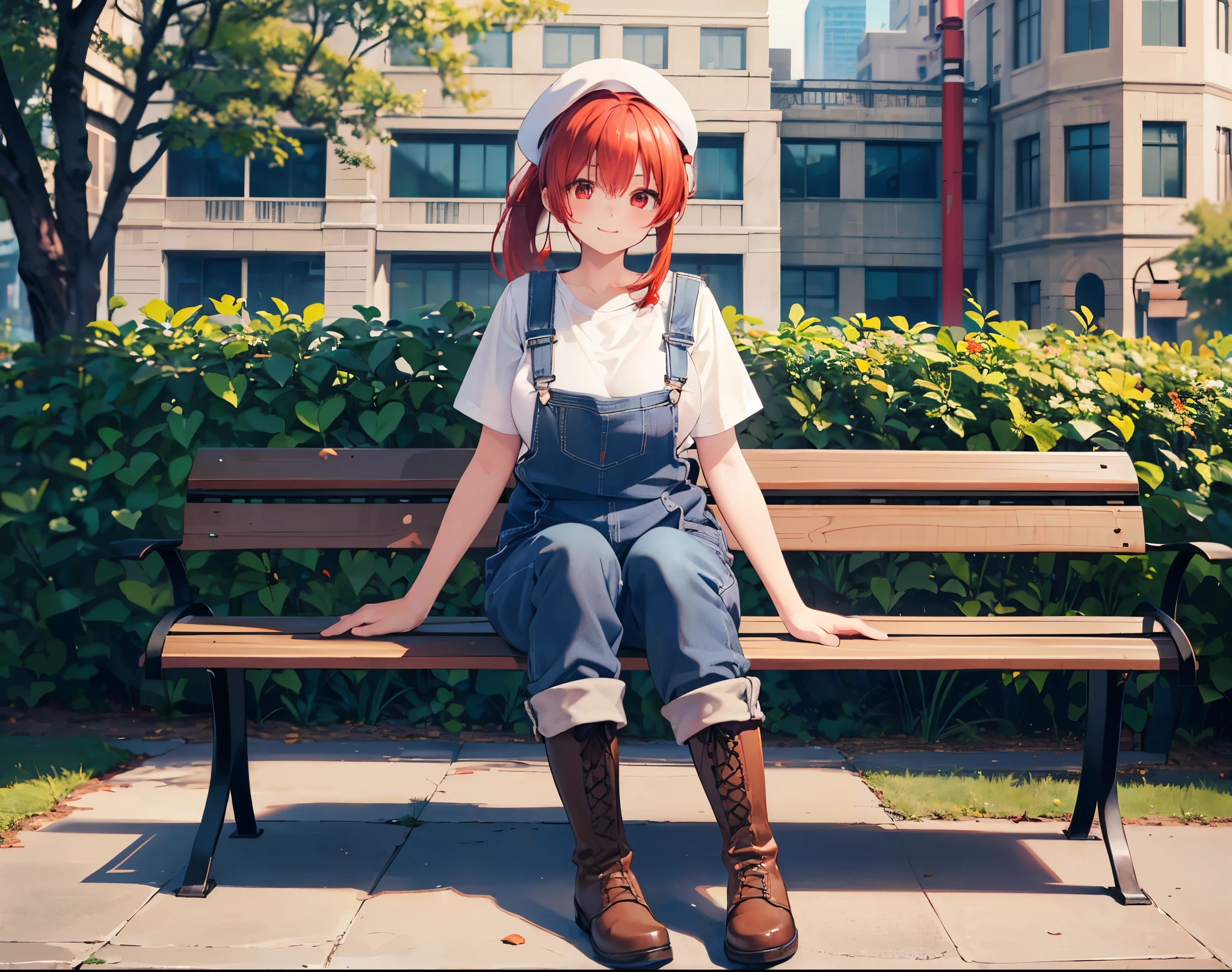 (Close-up:1.3),Realistic,Highest quality, Ultra Detail, High-quality CG rendering, The most delicate and beautiful, Floating softly, High resolution, (1 girl), (Highest quality,4K,8K,masterpiece:1.2),(All red hair:1.5), (ponytail:1.5),(Red eyes:1.5),(Slightly larger breasts:1.2), (Beige overalls:1.3),(Pure white inner T-shirt:1.3),(Black boots:1.3)、(Brown Beret:1.3)、Piercing in left ear,In the city,old buildings,(whole body:1.3),(smile),(Sitting on a bench:1.3)