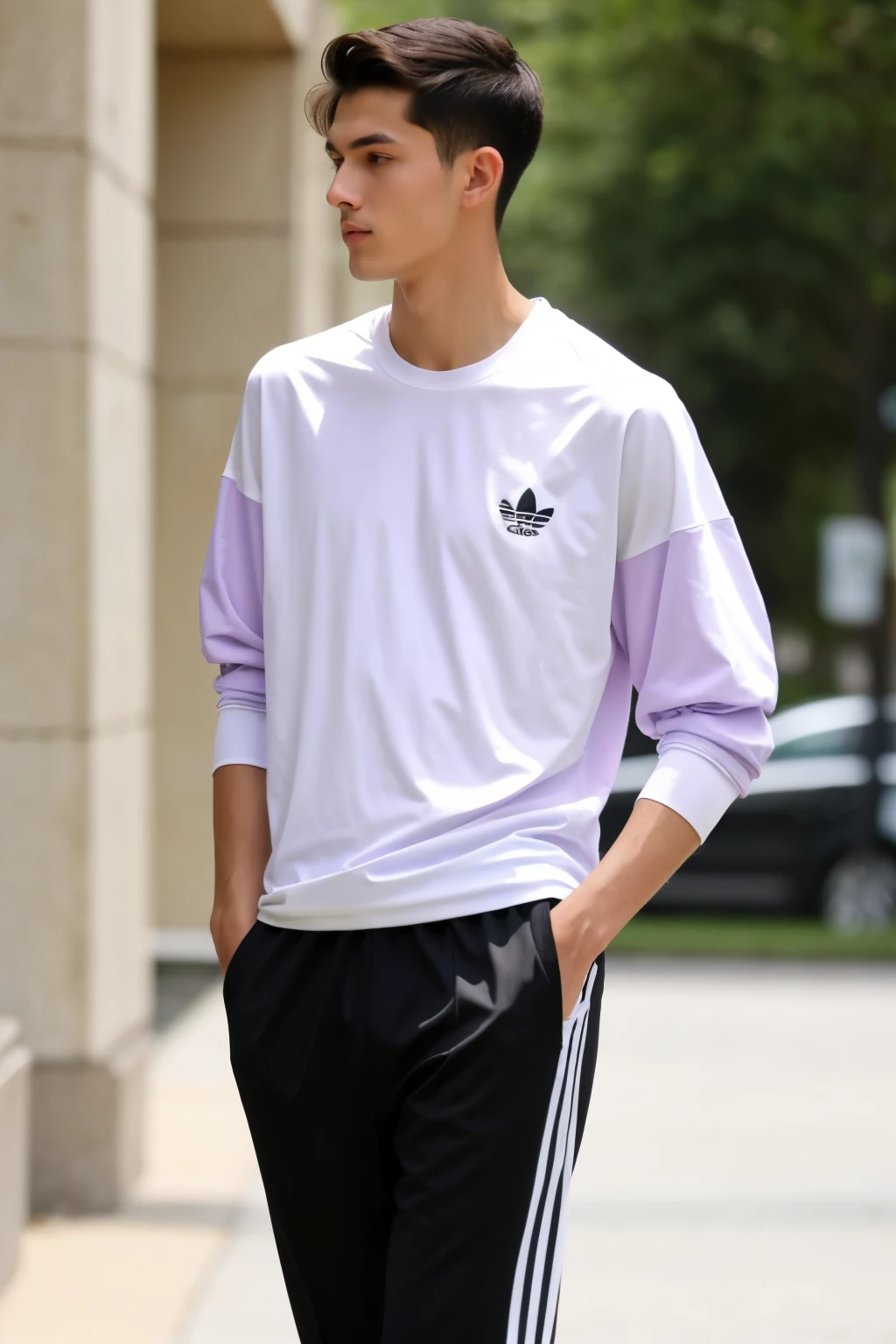 (Good quality),(sin bugs), a tall boy, slim and handsome. wearing black adidas pants, with white shoes and a lilac basketball sports shirt(The shirt has sleeves and is oversized)