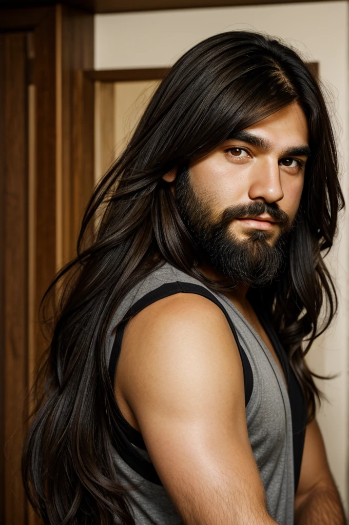 Brunette woman slanted black eyes, long black hair small mouth chubby face, brown bearded white man,big light brown eyes thin face