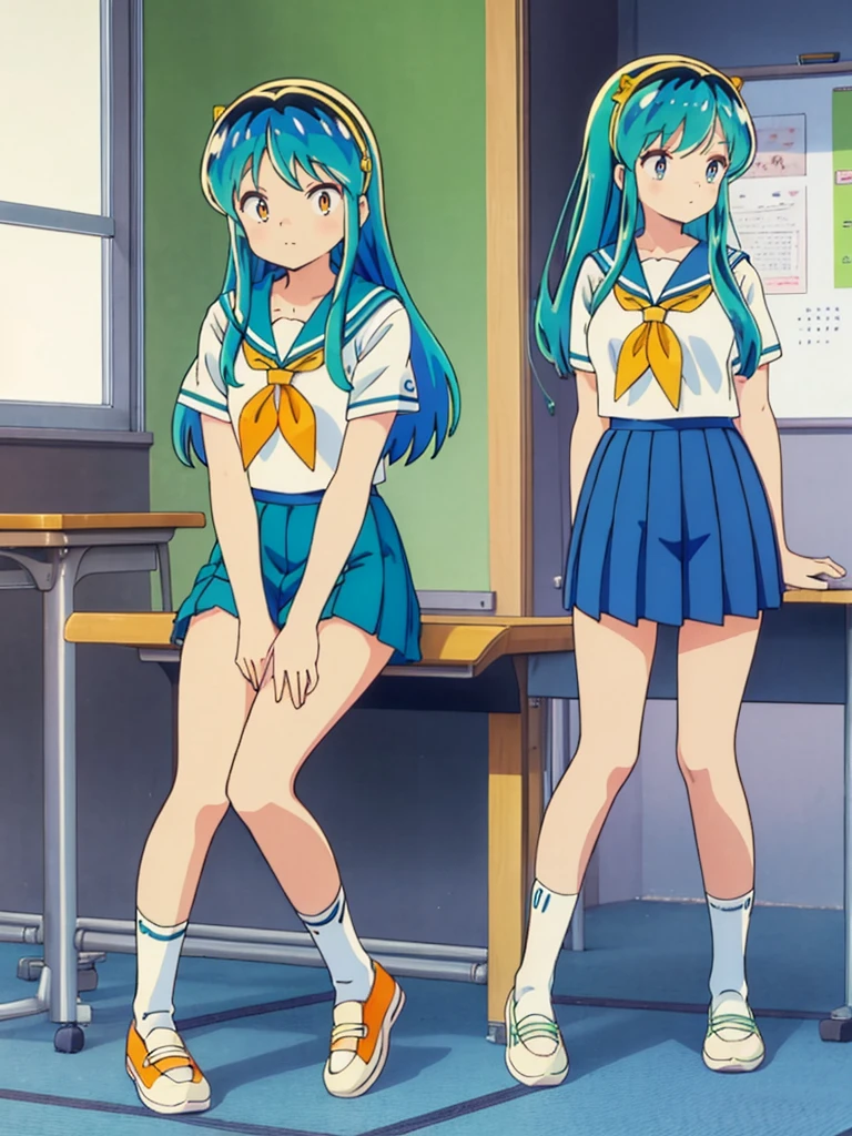 masterpiece, Highest quality, 1 Girl, Lum, Sailor suit, Summer clothes, Navy Blue Skirt, uniform, anime, Charm, 18-year-old, sexy, Stand with your feet apart, Japan, High definition, From before, classroom, Green Hair, Cowboy Shot, smile, Yellow neckerchief, 1980年代animeスタイル, White socks, Orange sneakers