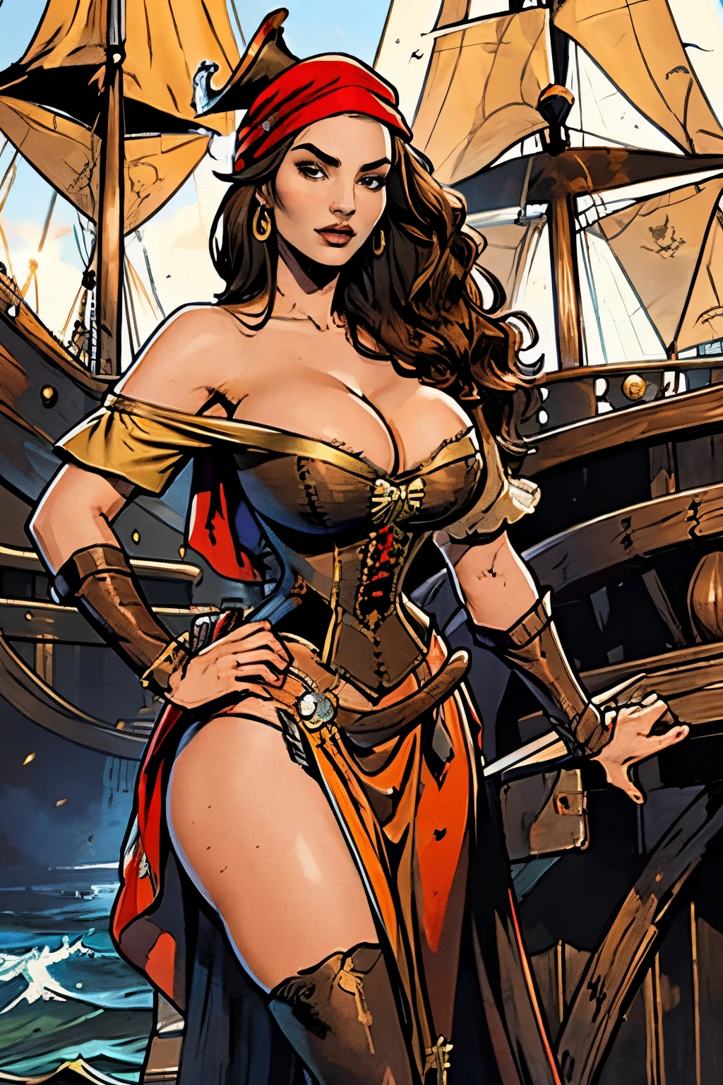 Gorgeous and sultry busty athletic (happy) brunette with sharp facial features, long hair, large breasts wearing a pirate dress, off-shoulder, corset, long red dress, pirate hat, do-rag. On a pirate ship.