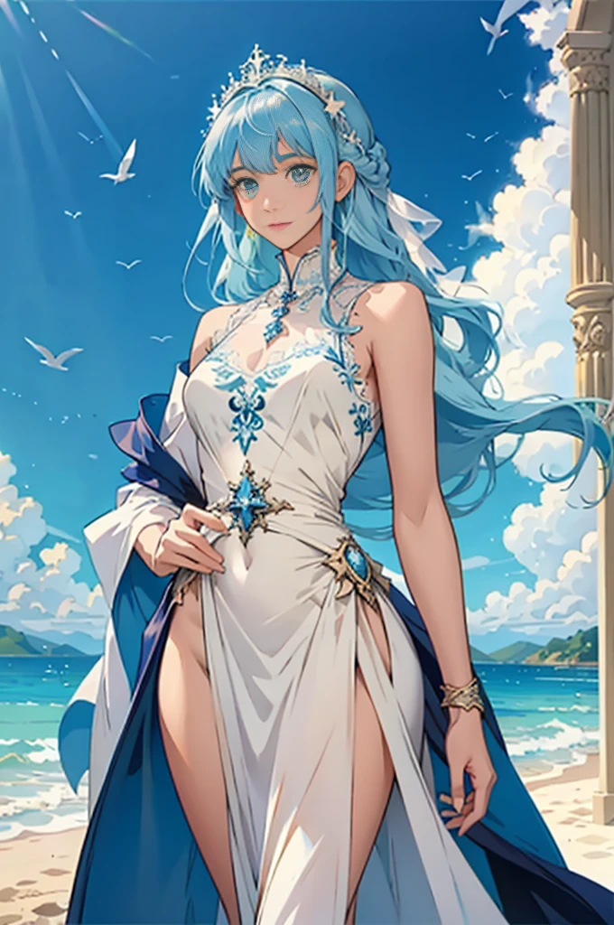 ((work of art, best qualityer)),(illustration),(detailedLumiere),((extremely delicate and beautiful)),1 girl,Arabian Godolphin,long body hair,blue body hair,greeneyes,Horse Ears,Horse Girl,body hair_ornament,white gown, bared shoulders, ,sleeveless,evening gown,long robe,plein-air, Lumiere,blue sky, horizon, louka, Sauvage