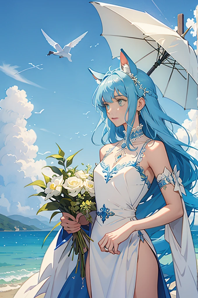 ((work of art, best qualityer)),(illustration),(detailedLumiere),((extremely delicate and beautiful)),1 girl,Arabian Godolphin,long body hair,blue body hair,greeneyes,Horse Ears,Horse Girl,body hair_ornament,white gown, bared shoulders, ,sleeveless,evening gown,long robe,plein-air, Lumiere,blue sky, horizon, louka, Sauvage
