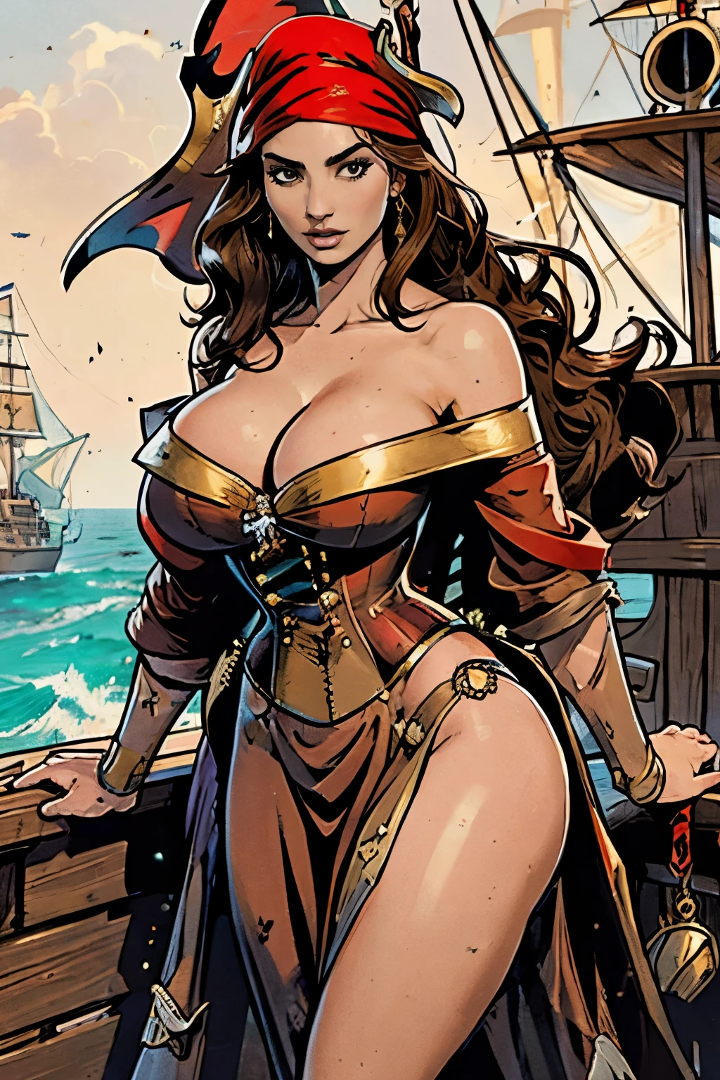 Gorgeous and sultry busty athletic (happy) brunette with sharp features, long hair, large breasts wearing a pirate dress, off-shoulder, corset, long red dress, pirate hat, do-rag. On a pirate ship.