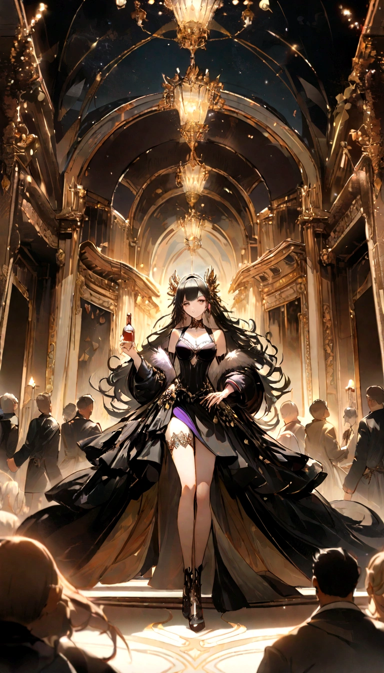/imagine prompt: A glamorous woman holding a bottle of exquisite pills, surrounded by a group of obedient men and women, luxurious elements such as palaces and extravagant furniture in the scene, ,32k, best quality, masterpiece, super detail, high details, by Makoto Shinkai ,in the style of the stars art group xing xing, --niji 5"