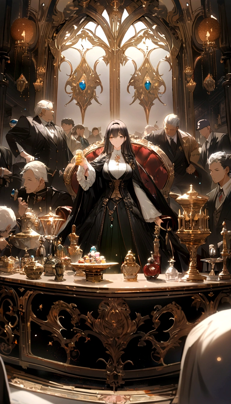 /imagine prompt: A glamorous woman holding a bottle of exquisite pills, surrounded by a group of obedient men and women, luxurious elements such as palaces and extravagant furniture in the scene, ,32k, best quality, masterpiece, super detail, high details, by Makoto Shinkai ,in the style of the stars art group xing xing, --niji 5"