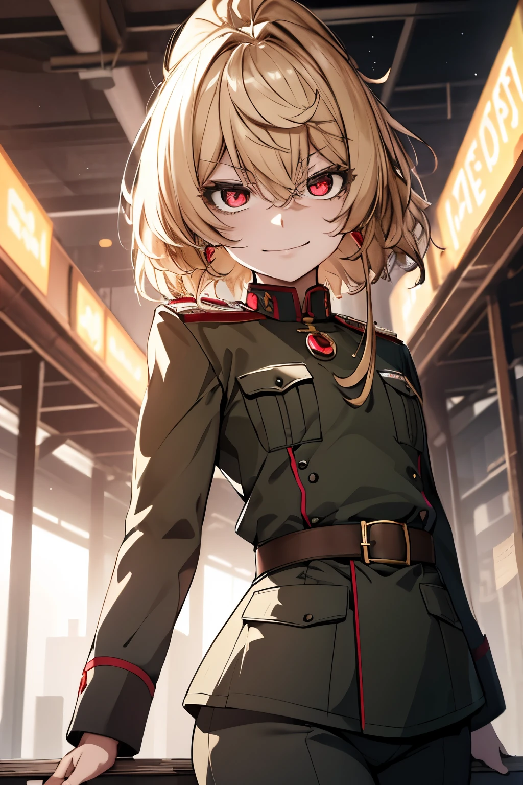 (masterpiece, best quality: 1.1), 1girl solo, tanya, 1girl, solo, , flat chest, small breasts, curvy, military, military uniform, ,, evil smile, wicked expression, anger, red eyes, neutral lighting