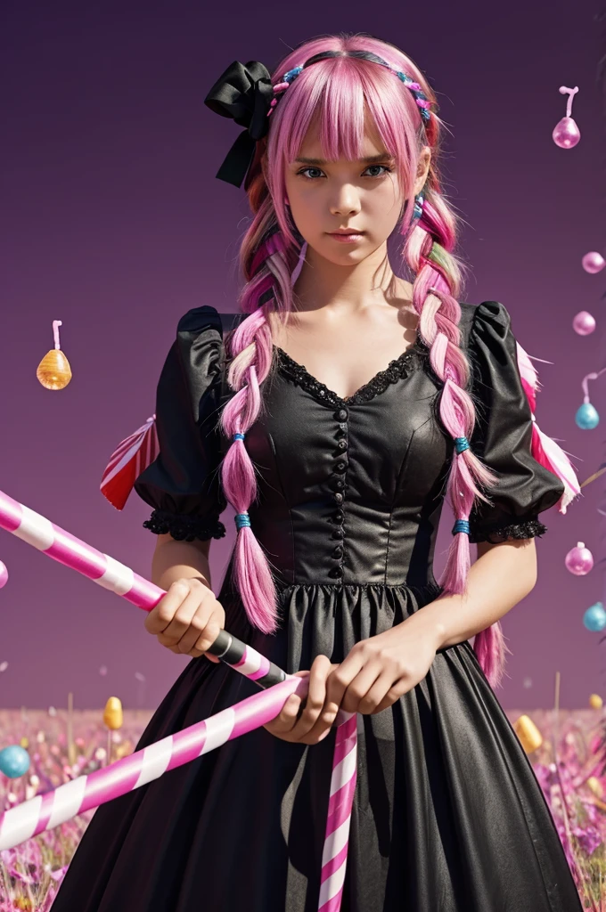 scepter, lots of candy, gumdrops, candycanes, a rainbow, candy, (a field of candy), 1girl,black dress,cold face anime, pink bangs and braids, a Sceptor of candy, pink background
