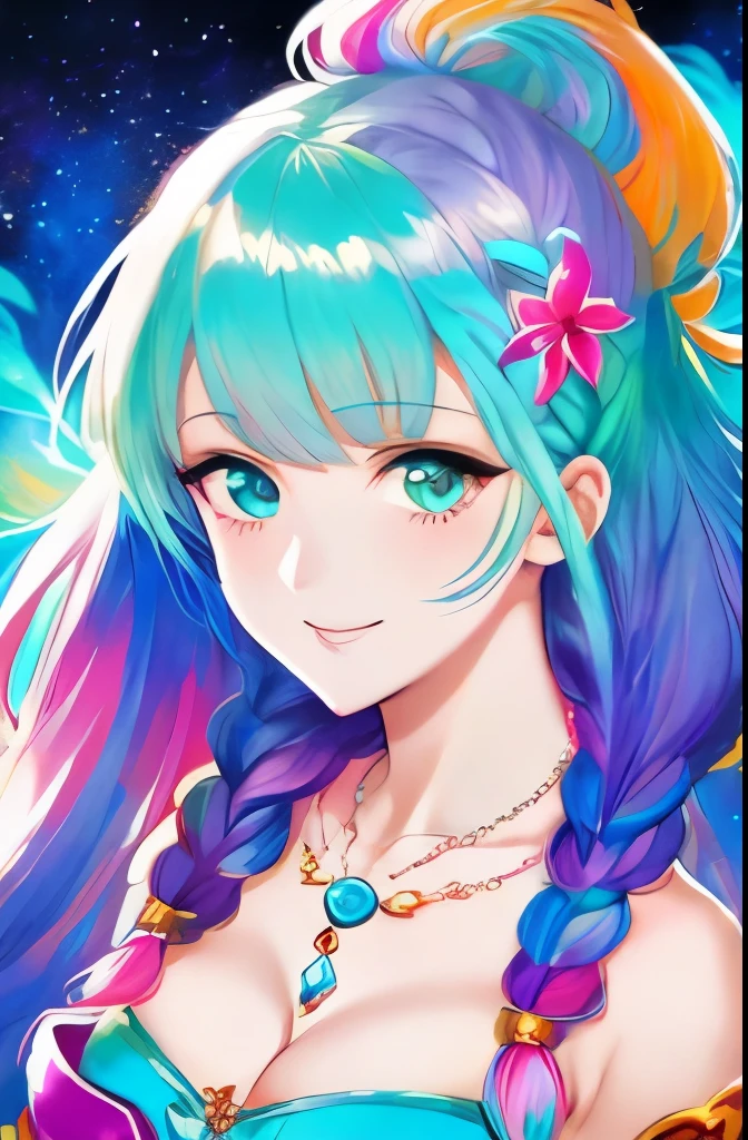 Close-up of a woman with colorful hair and necklace, anime girl with cosmic hair, Rossdraws' soft vitality, Gouvez style artwork, fantasy art style, colorful], vibrant fantasy style, Rossdraws cartoon full of vitality, cosmic and colorful, Guweiz, colorful digital fantasy art, stunning art style, beautiful anime style, white skin, subtle