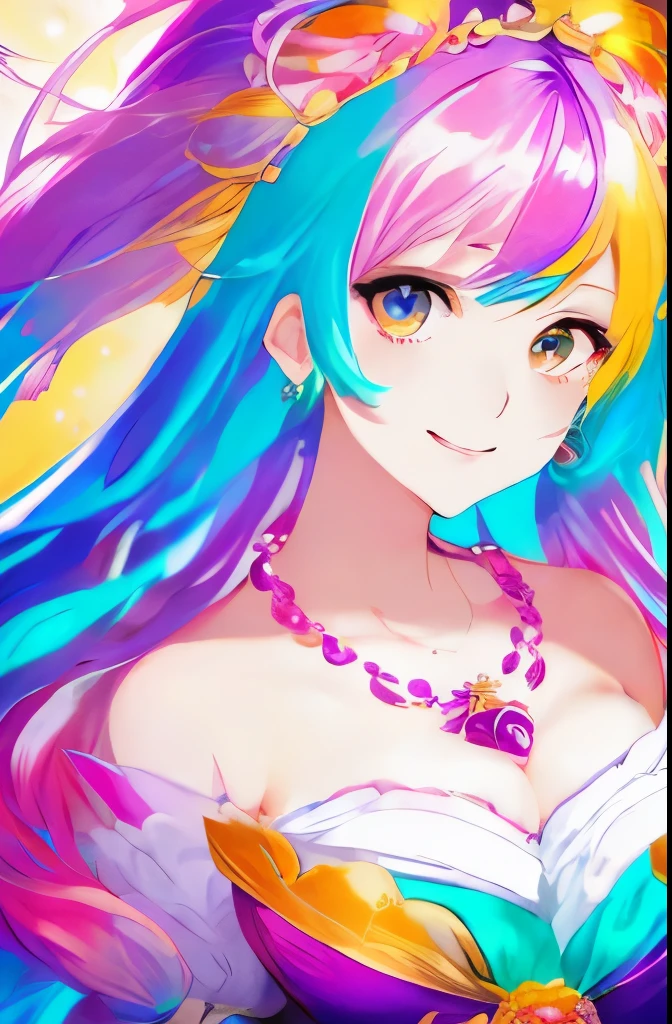 Close-up of a woman with colorful hair and necklace, anime girl with cosmic hair, Rossdraws' soft vitality, Gouvez style artwork, fantasy art style, colorful], vibrant fantasy style, Rossdraws cartoon full of vitality, cosmic and colorful, Guweiz, colorful digital fantasy art, stunning art style, beautiful anime style, white skin, subtle