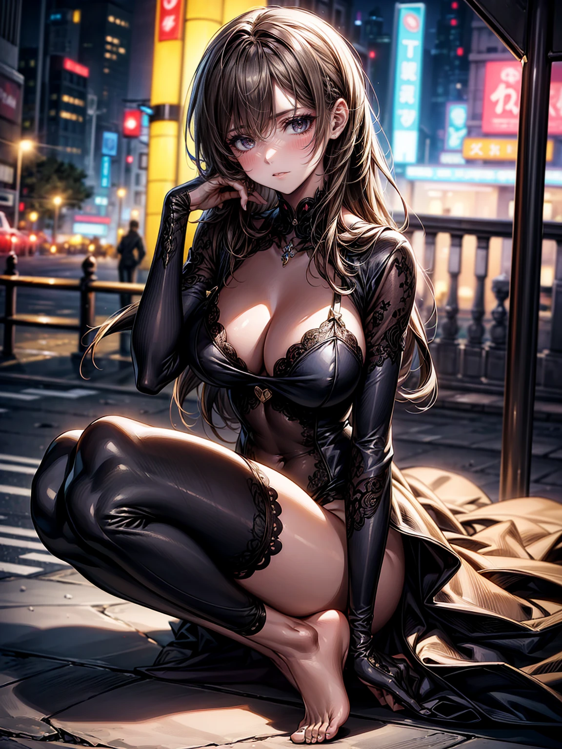(masterpiece, Highest quality, Super detailed:1.3), Perfect composition, 4K, (Very detailed, Super detailed), Soft lighting, barefoot, High resolution, 8k Texture, Attention to detail, Very detailed肌の質感, Magnificent details, High Sharpness, One girl, (Fine grain:1.3), (18-year-old girl:1.3), (skinny), (Big Breasts), small, on the road, In public, City of night, night lighting, Neon Light, (Enamel high leg suit), figure, (masturbation)