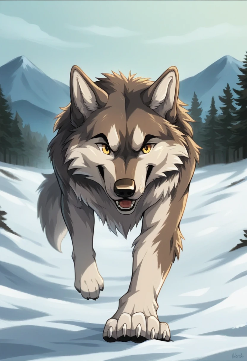 there is a wolf running in the snow with his mouth open, a picture inspired by Wolf Huber, shutterstock, renaissance, photo of wolf, wolves and their treasures, wolf in a snowfield, great wolf, wolp, correct wolf muzzle, dire wolf, wolf, wolf pack following, wolves, portrait of a wolf, lone wolf, with a happy expression
