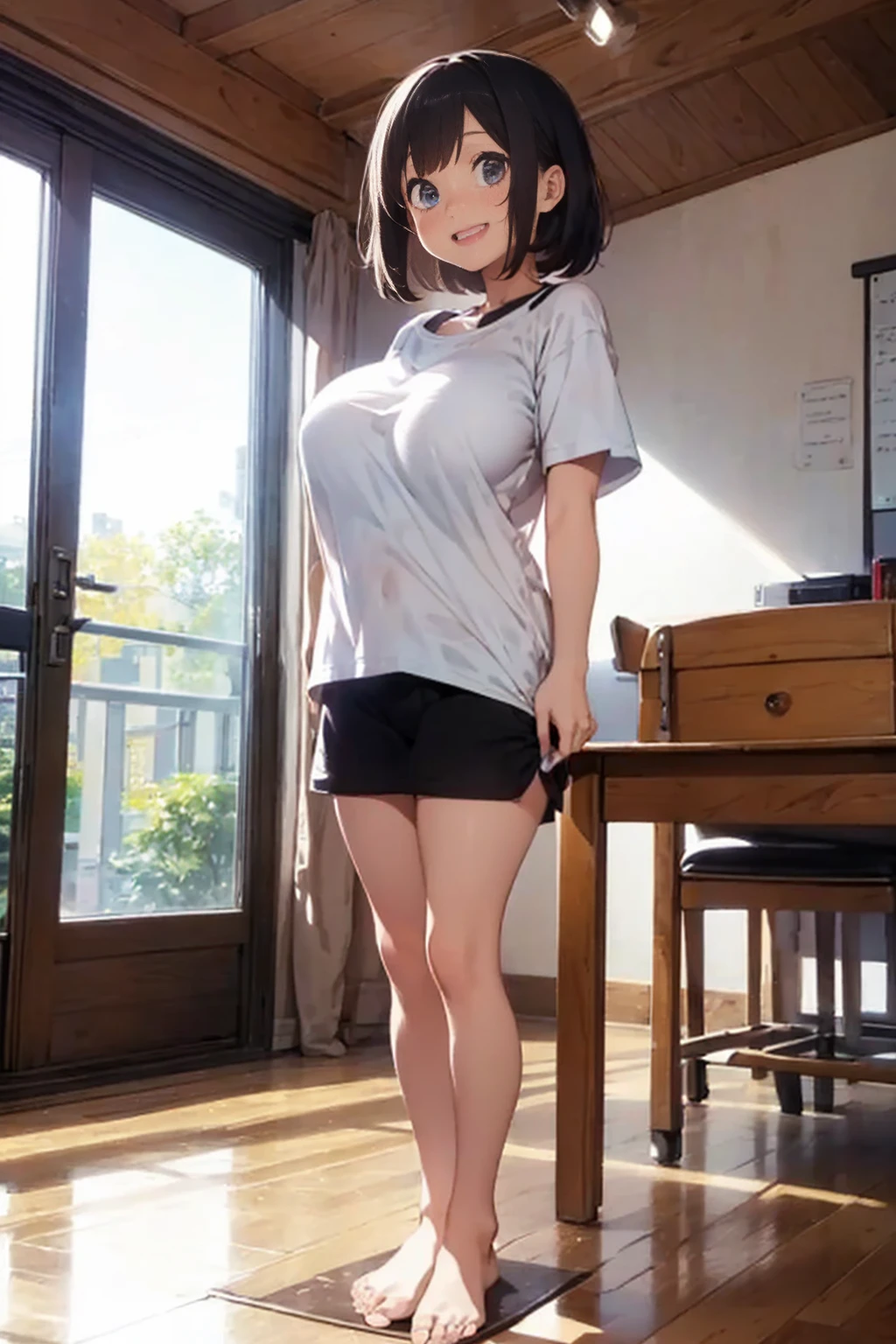 A girl, , cute smile girl, ((baggy T-shirt, oversized, T-shirt)), ((huge breasts)), black A-line pixie cut, in wooden floor school gym, half open mouth, (standing), ((barefoot)), view from front, barefoot