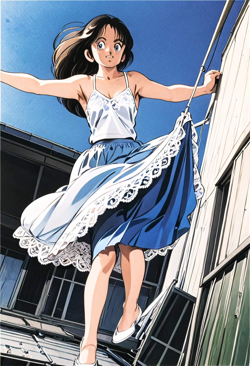 音無響子
Low - Angle、
Low - Angle、Long skirt、Hold down your skirt that is being blown up by the strong wind、Anime white panties in a strong wind、Crotch is visible
ローレグのパンツ、Color: White、
Crotch is visible、
、Lined、White lace lining、