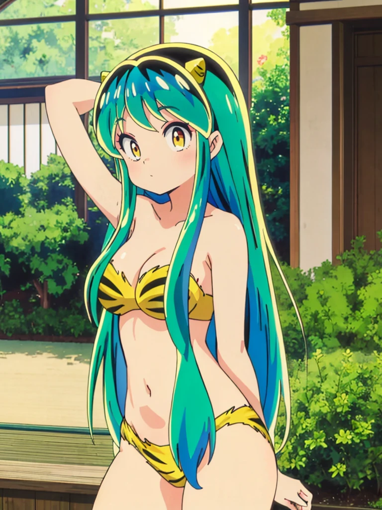 masterpiece, Highest quality, 1 Girl, Lum, Lum_比基尼, anime, Charm, 18-year-old, sexy, blush, Stand with your feet apart, High definition, From before, Japan, Green Hair, smile, 1980年代animeスタイル