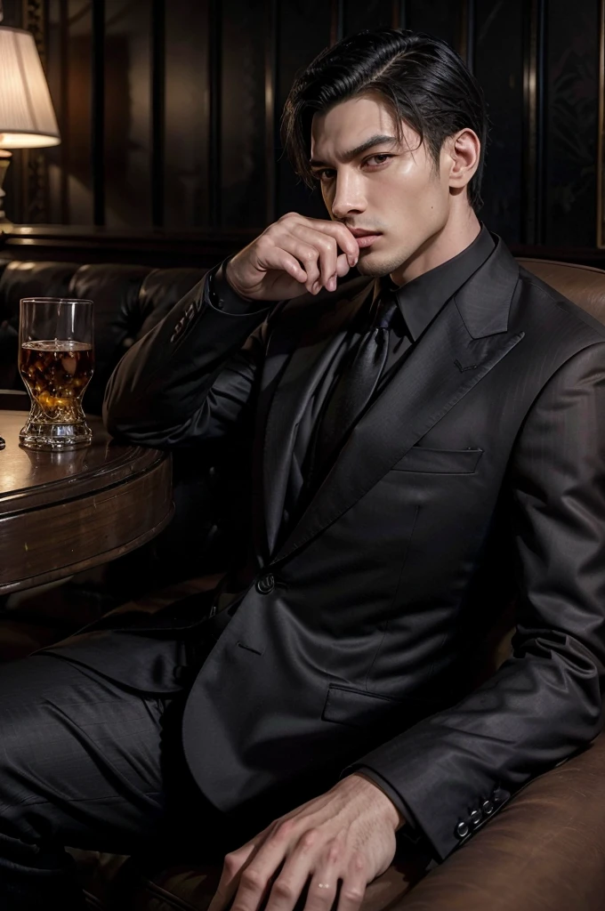 man, tall and fit, as mafia boss, with a glass of whiskey in one hand, in completely black suit, with short black hair, while sexy modeling, in different positions.