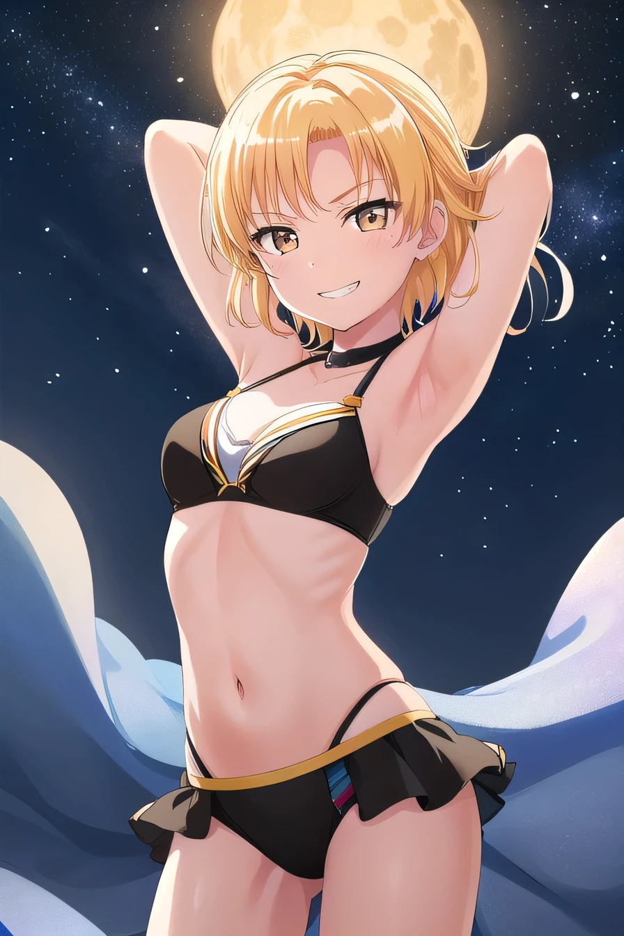 MASKING, 1girl, solo, looking at viewer, smile, short hair, blonde hair, brown eyes, yellow eyes, black bikini, high quality, solo, night sky, beach, arms behind head, contrapposto, closed mouth, spread armpits, (cowboy shot:1.5), looking at viewer, grin, best quality,
