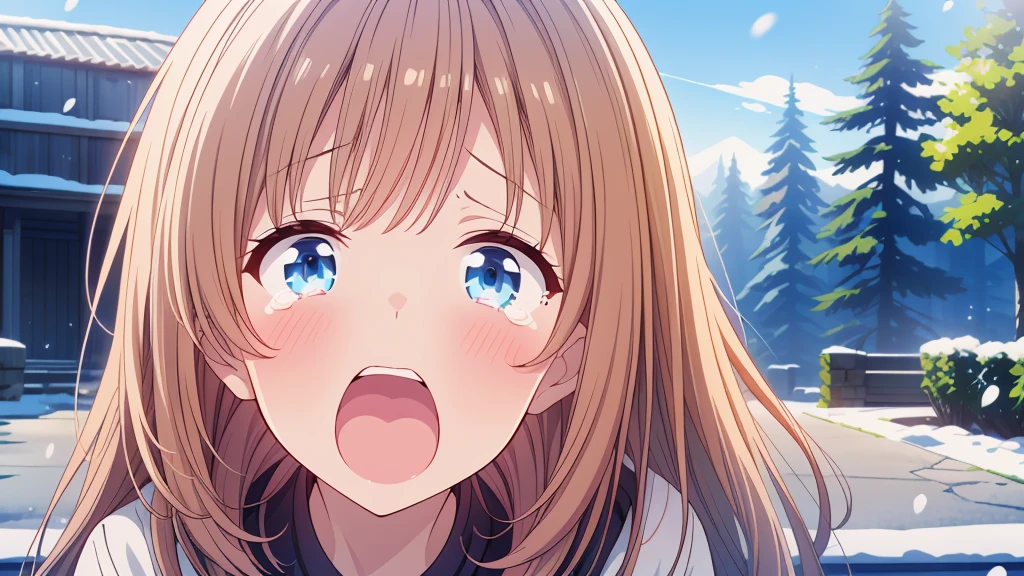 1girl,(((Highest quality、Masterpiece、Official Art、The best dynamic composition、HD、Super detailed)))、70-year-old grandma、Gray and blue gradation hair、overhead shot, upper body, snow mountain, concept art, shedding tears、He kneels on the ground, looking up at the sky with a sad expression on his face.、Shouting with a big mouth、