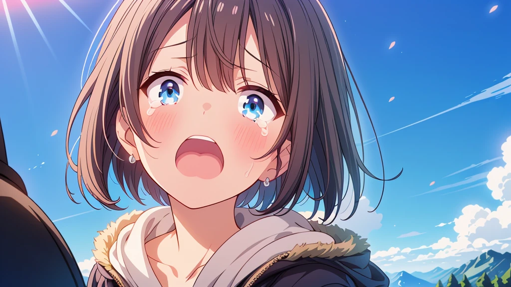 1girl,(((Highest quality、Masterpiece、Official Art、The best dynamic composition、HD、Super detailed)))、70-year-old grandma、Gray and blue gradation hair、overhead shot, upper body, snow mountain, concept art, shedding tears、He kneels on the ground, looking up at the sky with a sad expression on his face.、Shouting with a big mouth、