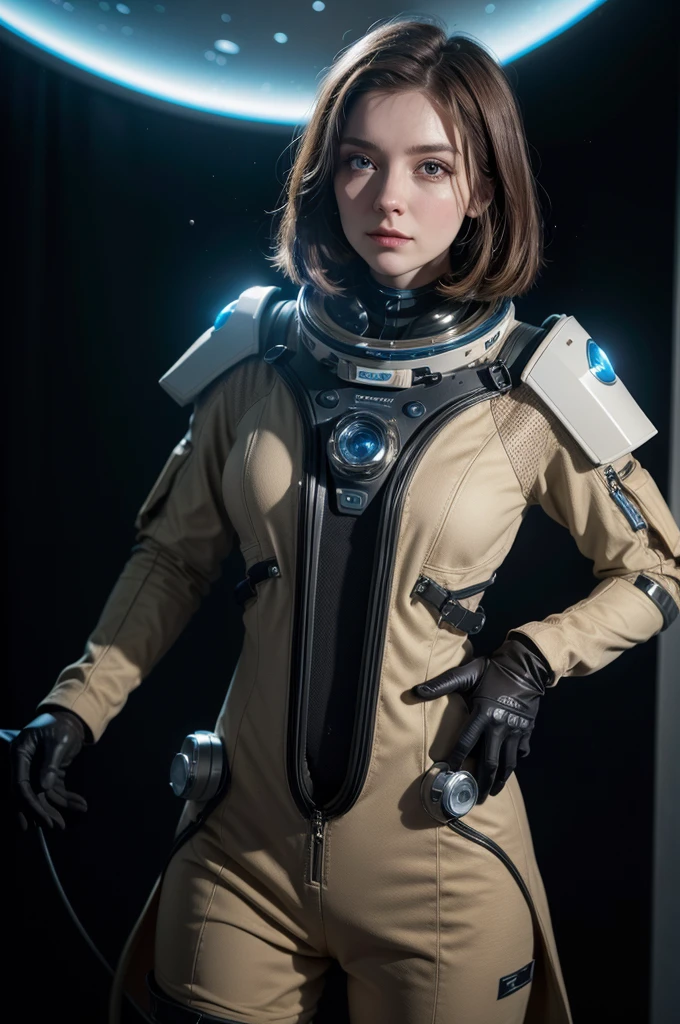 dr. Elara Voss is a renowned scientist specializing in astrobiology and space exploration. She has short brown hair, piercing eyes that shine with fascination for the unknown, and always wears a practical space suit, yet elegant. Elara is known for her brilliant mind and her passion for scientific discovery.