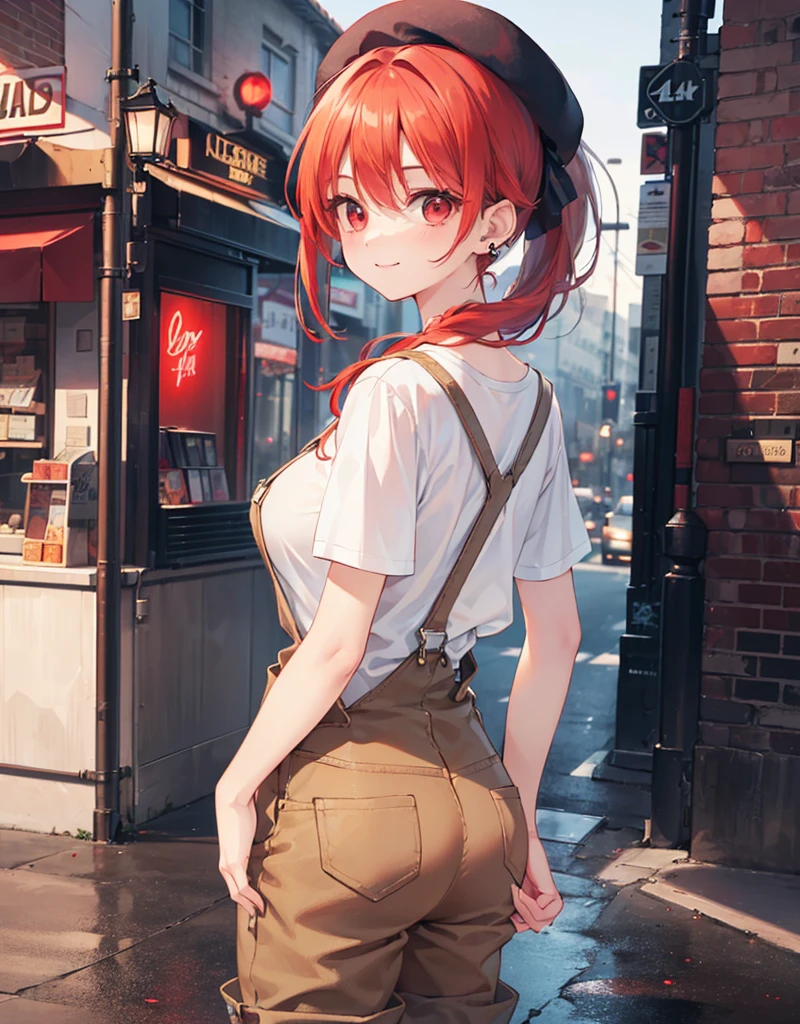 (Close-up:1.3),Realistic,Highest quality, Ultra Detail, High-quality CG rendering, The most delicate and beautiful, Floating softly, High resolution, (1 girl), (Highest quality,4K,8K,masterpiece:1.2),(All red hair:1.5), (ponytail:1.5),(Red eyes:1.5),(Slightly larger breasts:1.2), (Beige overalls:1.3),(Pure white inner T-shirt:1.3),(Black boots:1.3)、(Brown Beret:1.3)、Piercing in left ear,In the city,old buildings,(whole body:1.3),(smile),(Turn your back to your audience:1.3),Butt,Are standing