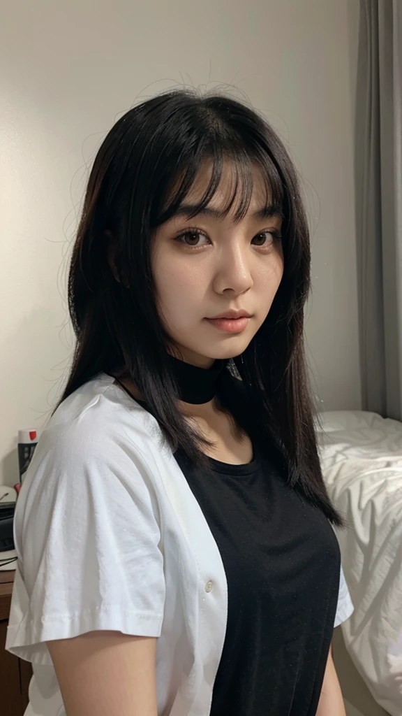 20 year old Asian woman, short straight black hair, with a nun's habit, sitting showing her legs