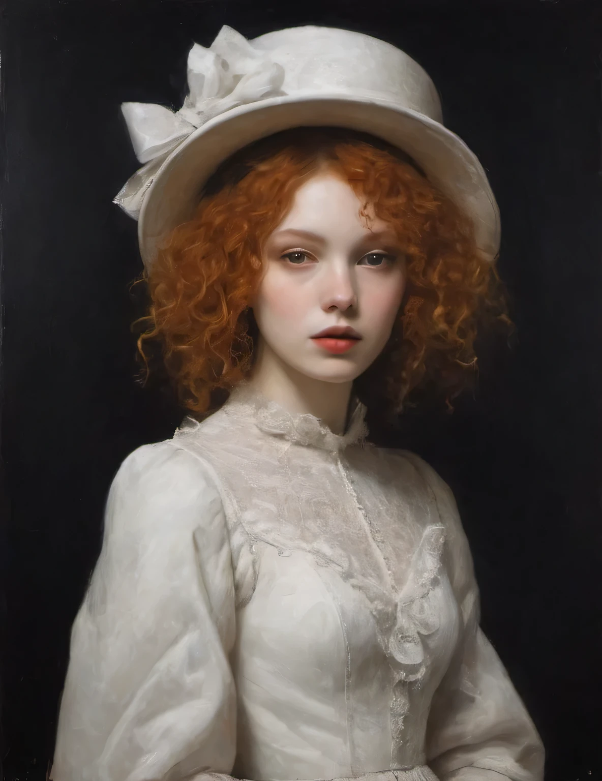 James Gurney, Surrealist art , dream-like, Mysterious, Provocative, symbolic, Complex, detailed,, (Gothic but very beautiful:1.4), (masterpiece, highest quality:1.4) , Nicola Samori Style, young girl with short curly ginger hair, white dress, white hat
