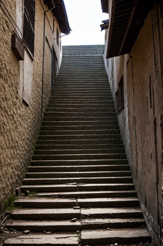 I want an image that represents a very long wooden staircase, immense, broken and old, with broken parts and obvious difficulties in climbing. On the first step, I want three little students with white overalls and backpacks, trying to climb. Some children may have managed to climb, while others still struggle to do so.