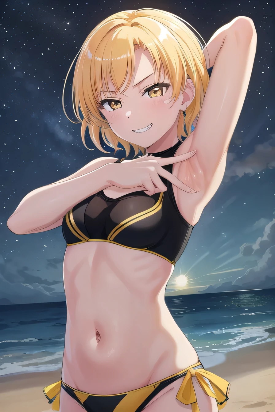 MASKING, 1girl, solo, looking at viewer, smile, short hair, blonde hair, brown eyes, yellow eyes, black bikini, high quality, solo, night sky, beach, arms behind head, contrapposto, closed mouth, spread armpits, upper body, looking at viewer, grin, best quality,