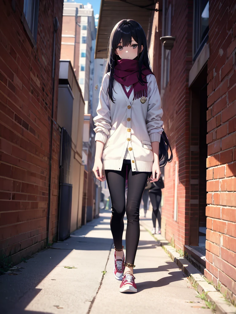 1girl,,legwear,,anklet,black hair,straight_hair,hime cut,long hair,sneakers,huge filesize,scarf,Black pants