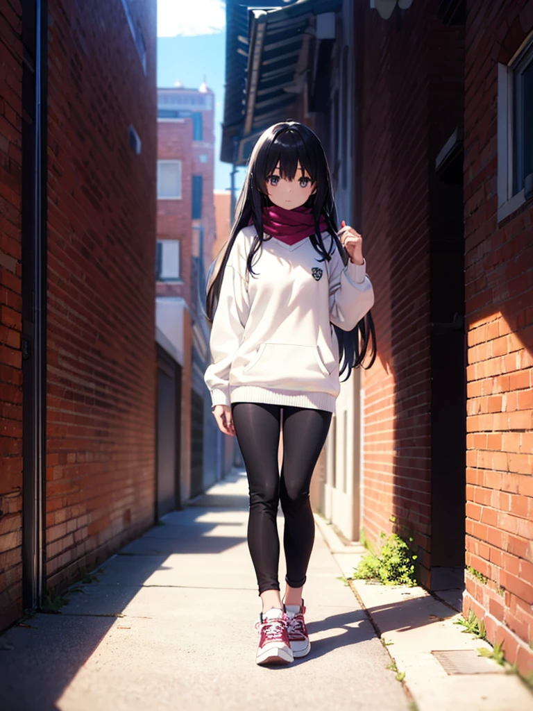 1girl,,legwear,,anklet,black hair,straight_hair,hime cut,long hair,sneakers,huge filesize,scarf，Black pants