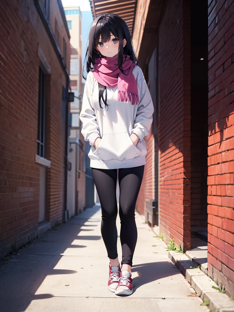 1girl,,legwear,,anklet,black hair,straight_hair,hime cut,long hair,sneakers,huge filesize,scarf，Black pants