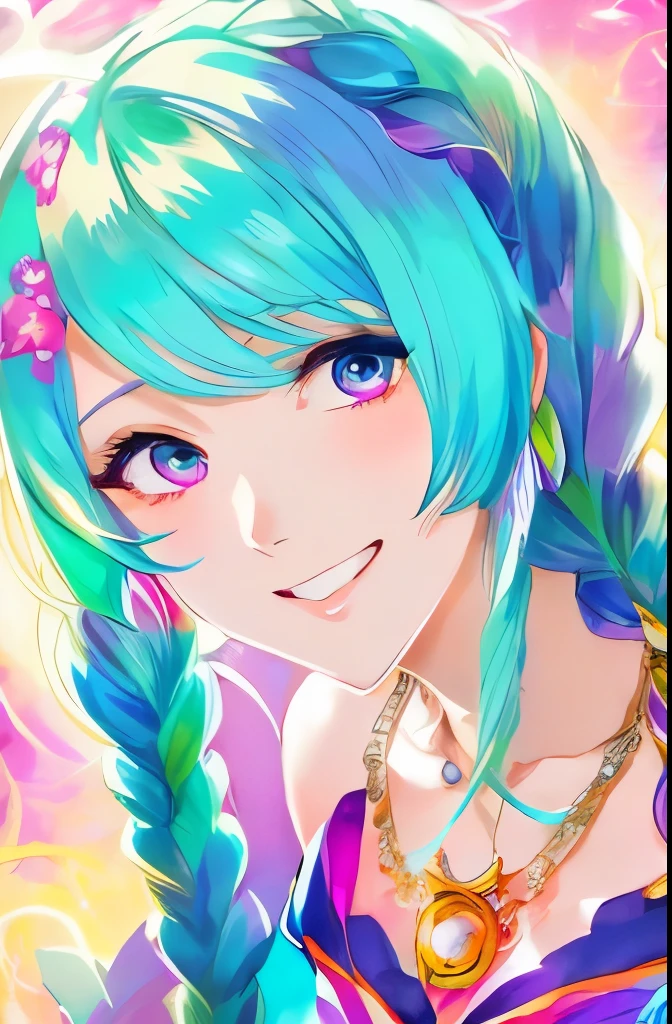 Close-up of a woman with colorful hair and necklace, anime girl with cosmic hair, Rossdraws' soft vitality, Gouvez style artwork, fantasy art style, colorful], vibrant fantasy style, Rossdraws cartoon full of vitality, cosmic and colorful, Guweiz, colorful digital fantasy art, stunning art style, beautiful anime style, white skin, subtle