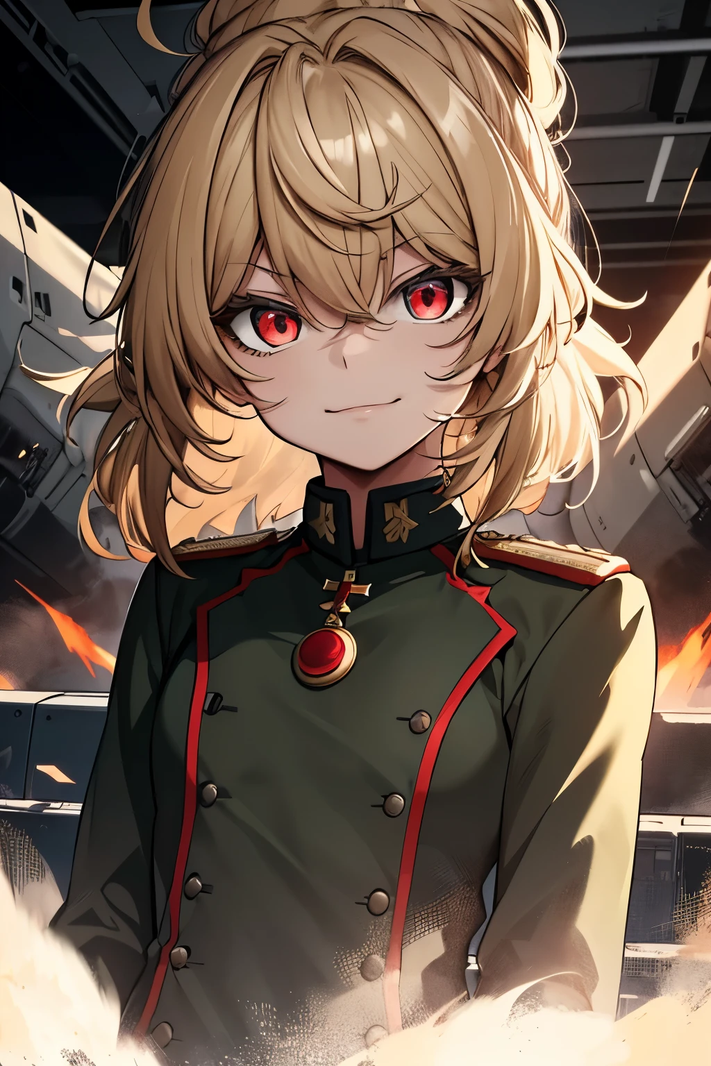 (masterpiece, best quality: 1.1), 1girl solo, tanya, 1girl, solo, , flat chest, small breasts, curvy, military, military uniform, ,, evil smile, wicked expression, anger, red eyes, neutral lighting
