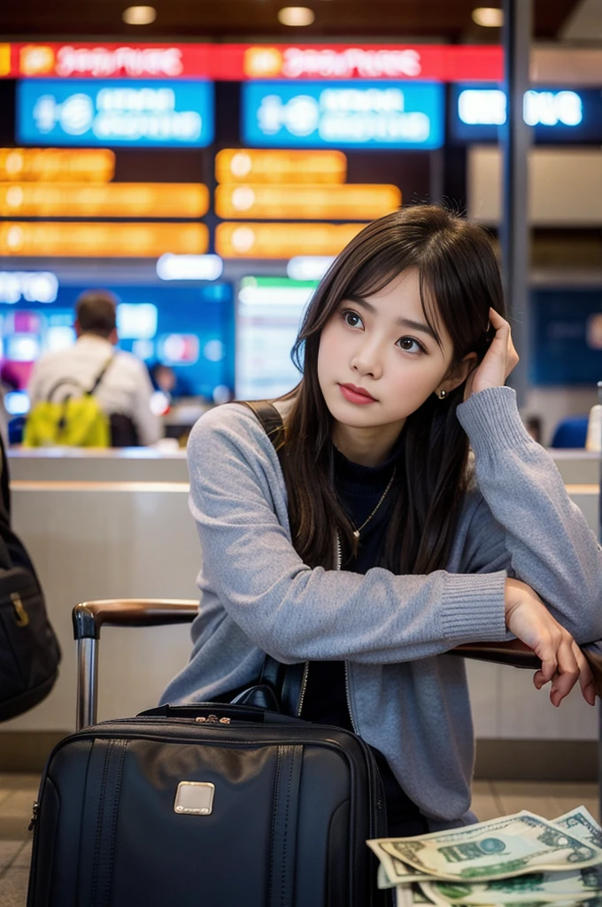 A beautiful young woman holding her head in distress, surrounded by foreign currency and travel items. She is sitting at an airport, looking at a viewer, The background includes a suitcase, passport, and various international banknotes scattered around. The lighting is dramatic, emphasizing her expression of concern. The scene conveys the stress of dealing with unfamiliar money laws while traveling abroad