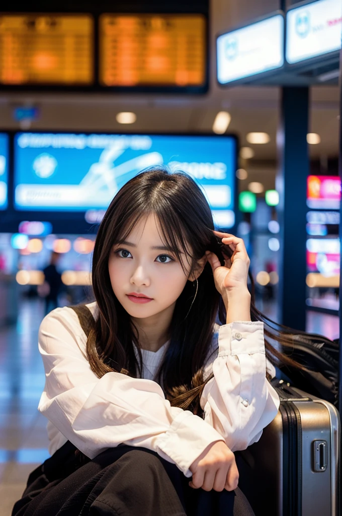 A beautiful young woman holding her head in distress, surrounded by foreign currency and travel items. She is sitting at an airport, looking at a viewer, The background includes a suitcase, passport, and various international banknotes scattered around. The lighting is dramatic, emphasizing her expression of concern. The scene conveys the stress of dealing with unfamiliar money laws while traveling abroad