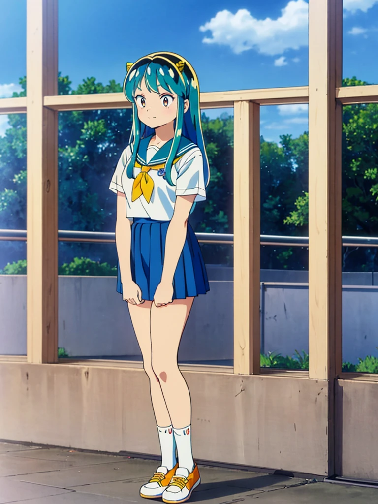 masterpiece, Highest quality, 1 Girl, Lum, Sailor suit, Summer clothes, Navy Blue Skirt, uniform, anime, Charm, 18-year-old, sexy, Stand with your feet apart, Japan, High definition, From before, classroom, Green Hair, Cowboy Shot, smile, Yellow neckerchief, 1980年代animeスタイル, White socks, Orange sneakers