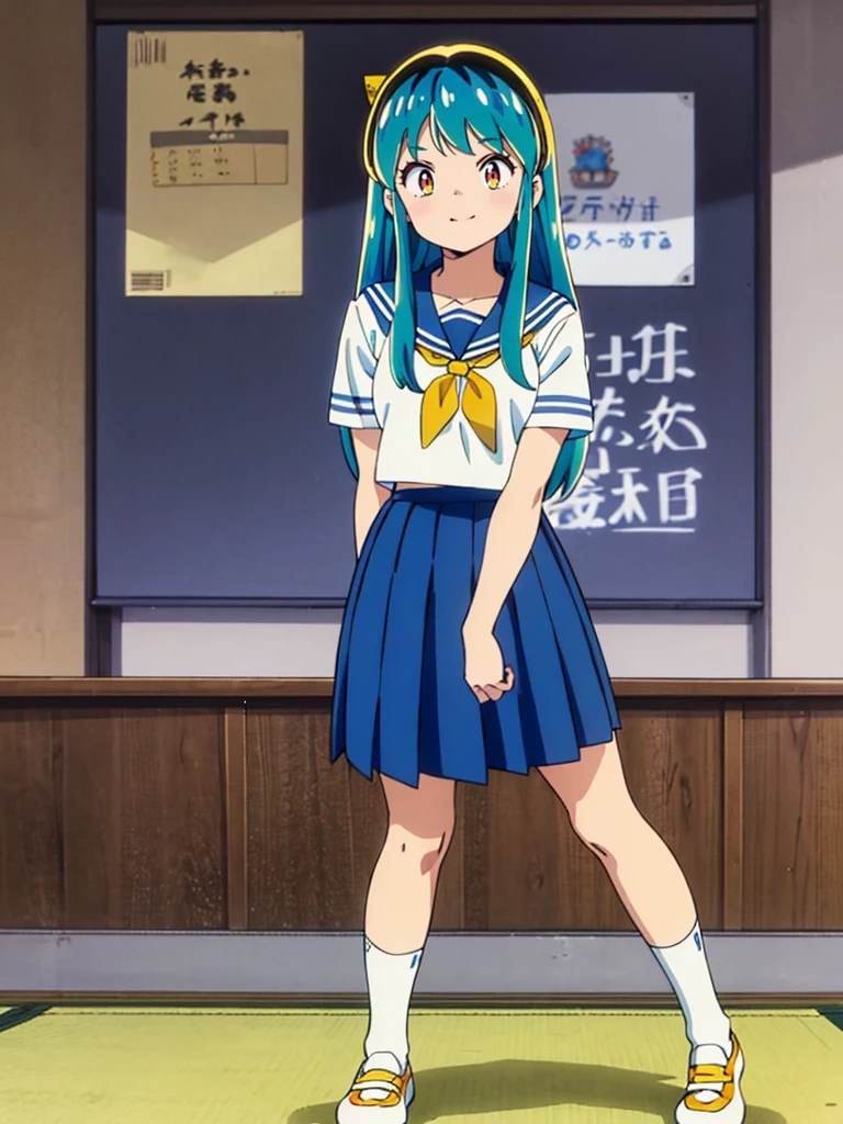 masterpiece, Highest quality, 1 Girl, Lum, Sailor suit, Summer clothes, Navy Blue Skirt, uniform, anime, Charm, 18-year-old, sexy, Stand with your feet apart, Japan, High definition, From before, classroom, Green Hair, Cowboy Shot, smile, Yellow neckerchief, 1980年代animeスタイル, White socks, Orange sneakers