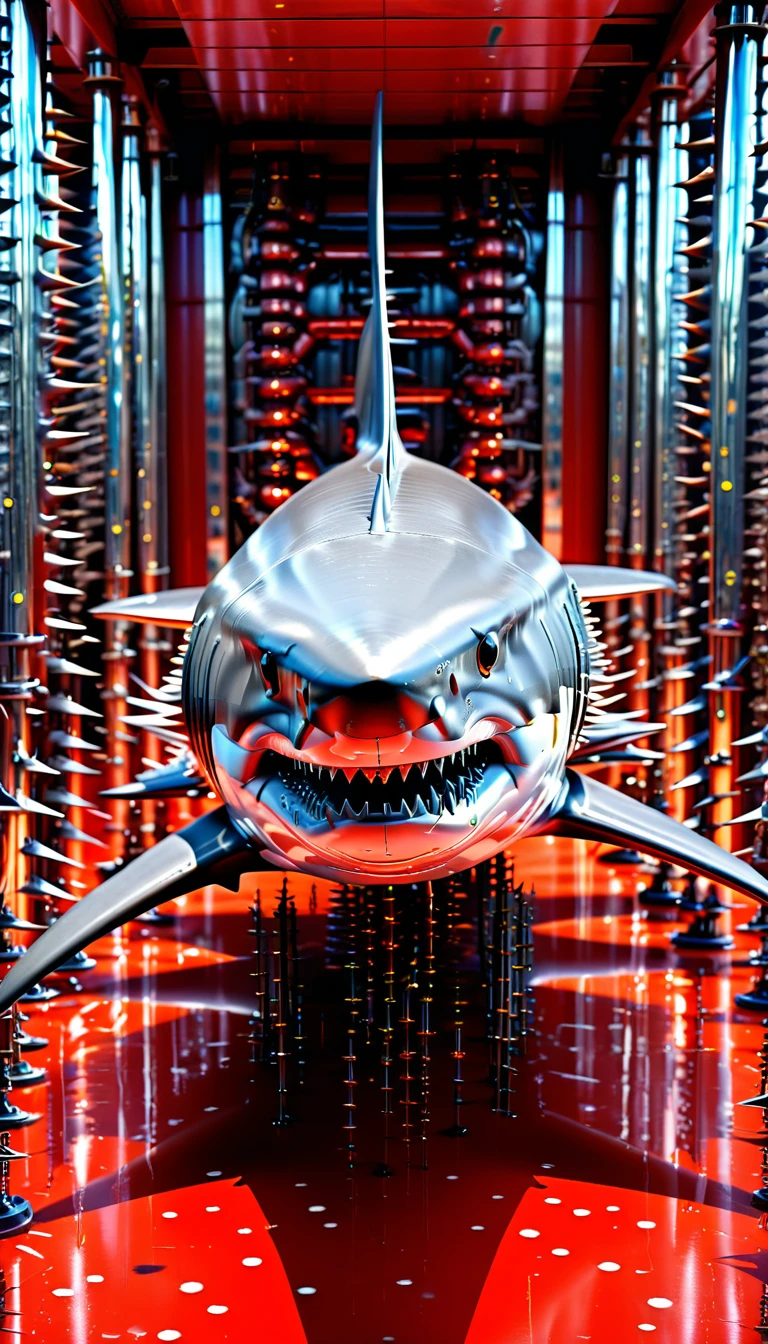 There is no one, Reality Photos, Reality Photos, Realistic photos of creatures like great white sharks, spikes, multicolored sparkling, strange and, Surreal and, the other world, A robotic factory with a shiny assembly plant, intricate details, very sharp, Sophisticated details, Flawless composition, vivid colors, masterpiece, futuristic, metal decoration, The shiny red interior is empty., polished, ray tracing