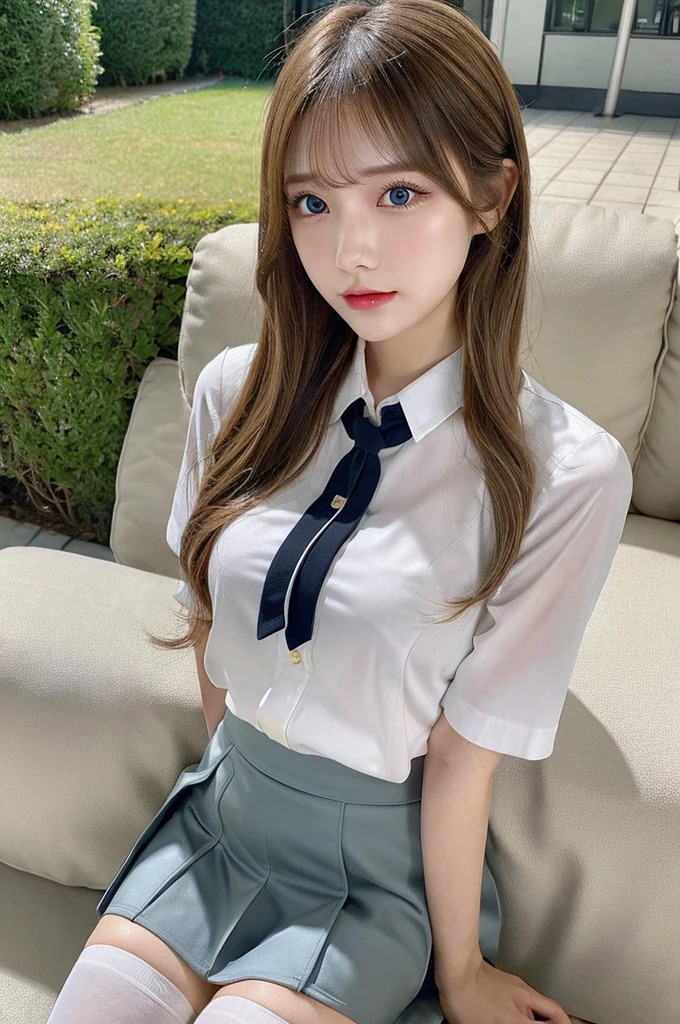 (full-body shot、36d chest、Short skirt、shirt、White pantyhose)、(best quality,masterpiece:1.3,Ultra-high resolution,),(Extremely detailed,Caustic lines),(Reality:1.4,RAW Shooting,)Ultra-realistic capture,Very detailed,High resolution 16K,Suitable for human skin、 Natural skin texture、、Skin looks healthy、The color is also uniform.、 Use natural light and color,A woman,Asian,,Lovely,Blonde, Double tail,(Writing border depth、Chromatic Aberration、、Wide lighting range、Natural shade、)、(Hair blowing in the wind:1.2)、Sofa Landscape, sit,Ruddy and shiny lips, Double tail, blue eyes