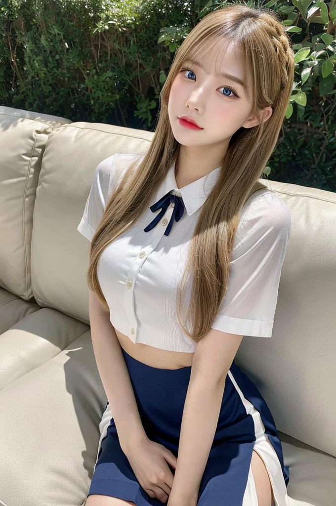 (full-body shot、36d chest、Short skirt、shirt、White pantyhose)、(best quality,masterpiece:1.3,Ultra-high resolution,),(Extremely detailed,Caustic lines),(Reality:1.4,RAW Shooting,)Ultra-realistic capture,Very detailed,High resolution 16K,Suitable for human skin、 Natural skin texture、、Skin looks healthy、The color is also uniform.、 Use natural light and color,A woman,Asian,,Lovely,Blonde, Double tail,(Writing border depth、Chromatic Aberration、、Wide lighting range、Natural shade、)、(Hair blowing in the wind:1.2)、Sofa Landscape, sit,Ruddy and shiny lips, Double tail, blue eyes