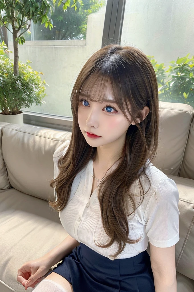 (full-body shot、36d chest、Short skirt、shirt、White pantyhose)、(best quality,masterpiece:1.3,Ultra-high resolution,),(Extremely detailed,Caustic lines),(Reality:1.4,RAW Shooting,)Ultra-realistic capture,Very detailed,High resolution 16K，Suitable for human skin、 Natural skin texture、、Skin looks healthy、The color is also uniform.、 Use natural light and color,A woman,Asian,,Lovely,Blonde, Double tail,(Writing border depth、Chromatic Aberration、、Wide lighting range、Natural shade、)、(Hair blowing in the wind:1.2)、Sofa Landscape, sit,Ruddy and shiny lips, Double tail, blue eyes