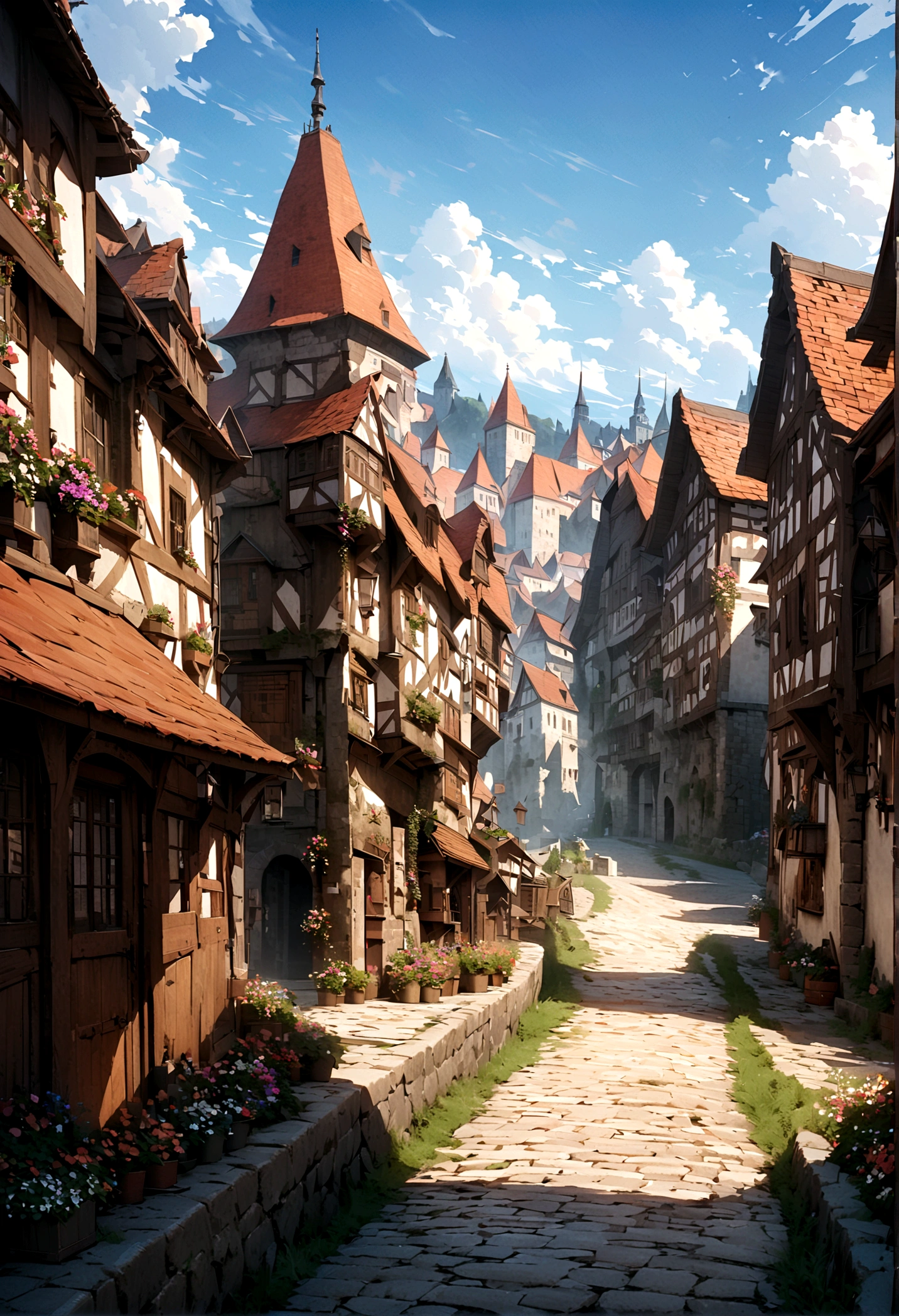 masterpiece,top quality,super detailed,highly detailed background,8K,,hi-res,old town,far away road,cobblestone,European cityscape,old castle,medieval,lake,blue sky,white clouds,old house,house decorated with flowers,